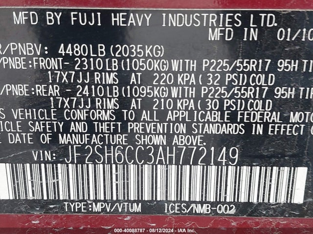 Продаж на аукціоні авто 2010 Subaru Forester 2.5x Premium, vin: JF2SH6CC3AH772149, номер лоту: 40088787