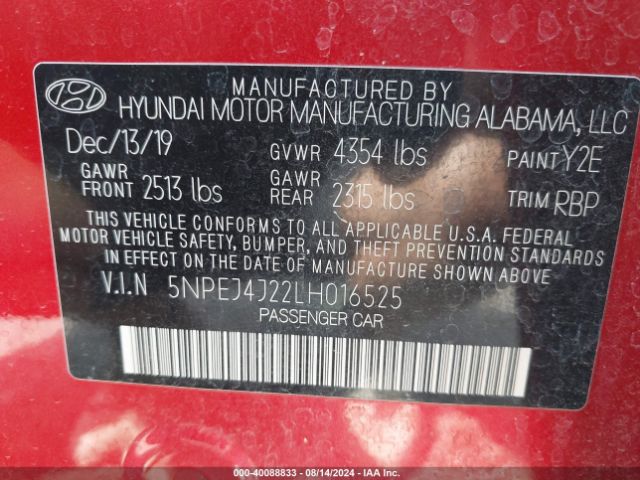 5NPEJ4J22LH016525 Hyundai Sonata Sel Plus