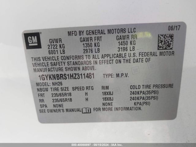 1GYKNBRS1HZ311481 Cadillac XT5 LUXURY