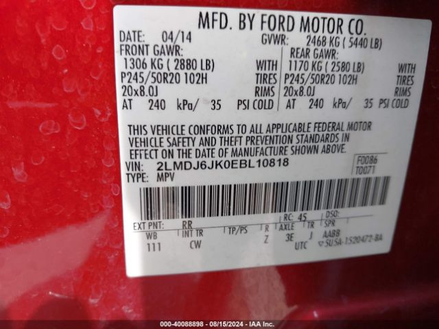 2LMDJ6JK0EBL10818 Lincoln MKX