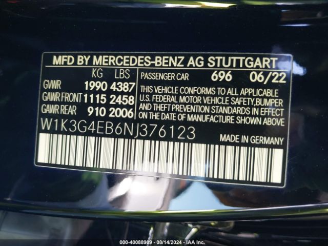 W1K3G4EB6NJ376123 Mercedes-Benz A 220