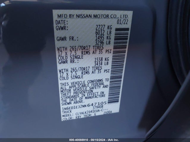 Nissan Frontier Pro-x 4x2 2022 1N6ED1EJ2NN647105 Image 9