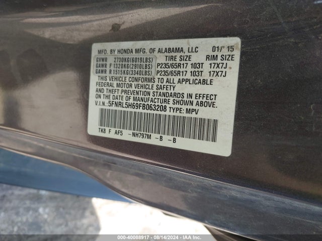 Honda Odyssey Ex-l 2015 5FNRL5H69FB063208 Image 9