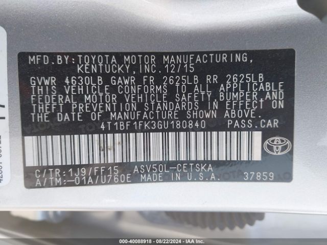 Toyota CAMRY SE 2016 4T1BF1FK3GU180840 Image 9