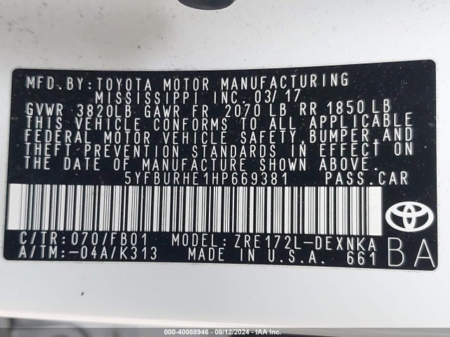 Toyota COROLLA LE 2017 5YFBURHE1HP669381 Image 9