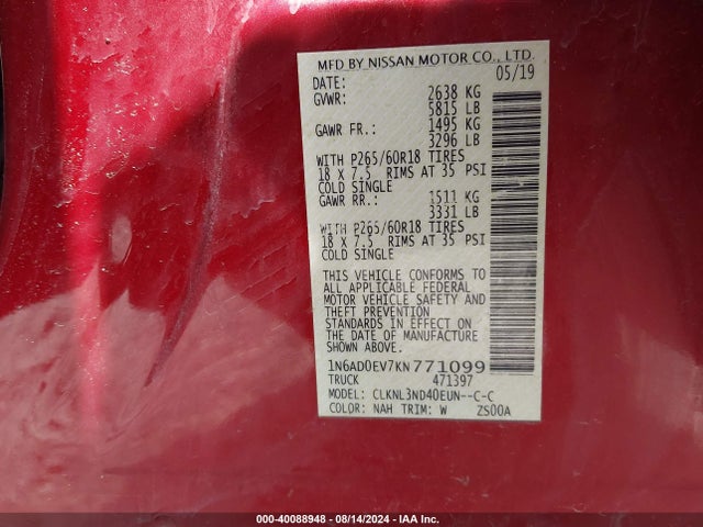 Nissan Frontier Sl 2019 1N6AD0EV7KN771099 Image 9