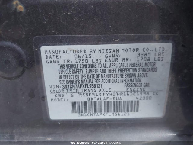 Nissan Versa 1.6 S 2015 3N1CN7APXFL956121 Image 9