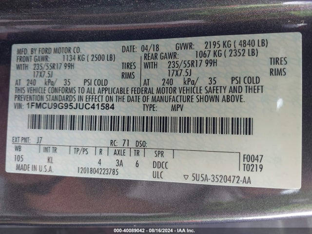 Ford ESCAPE SE 2018 1FMCU9G95JUC41584 Image 9
