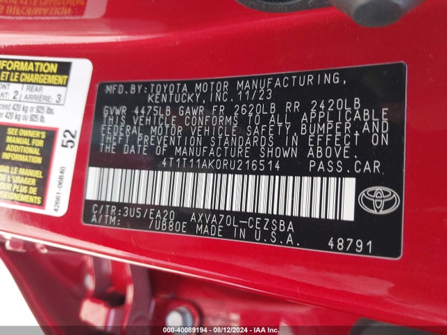Toyota CAMRY SE 2024 4T1T11AK0RU216514 Image 9