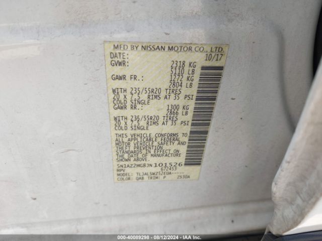 5N1AZ2MG8JN101526 Nissan Murano Platinum