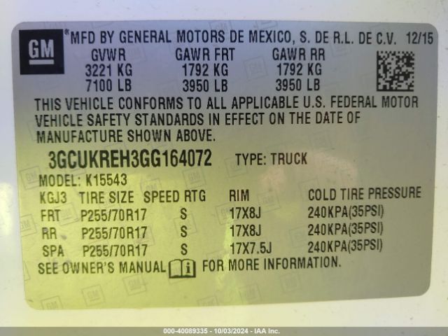 3GCUKREH3GG164072 Chevrolet Silverado 1500 1lt