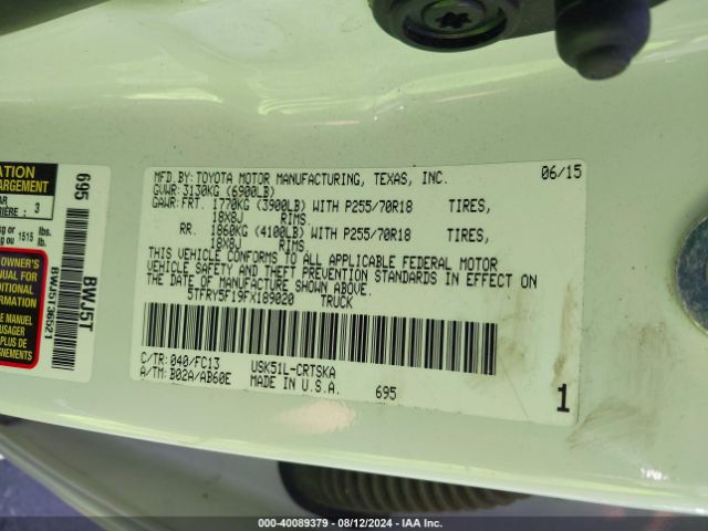 5TFRY5F19FX189020 Toyota Tundra Sr5 5.7l V8
