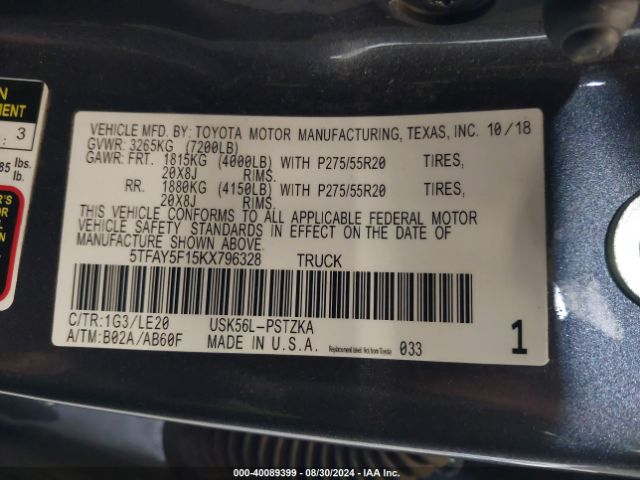5TFAY5F15KX796328 Toyota Tundra Platinum 5.7l V8
