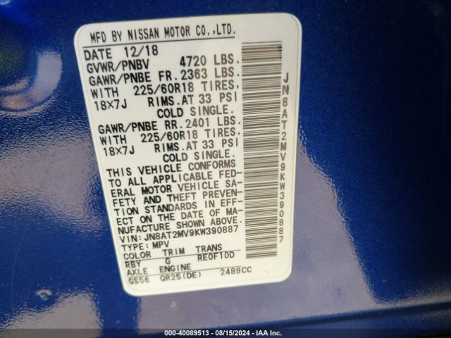 JN8AT2MV9KW390887 Nissan ROGUE SV