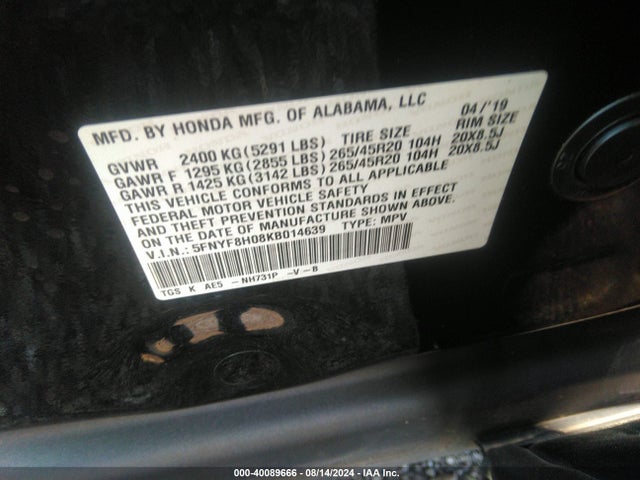 Honda Passport Elite 2019 5FNYF8H08KB014639 Image 9