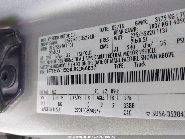 Ford F-150 Xlt 2018 1FTEW1EG0JKD66837 Image 9