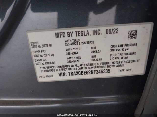 7SAXCBE62NF346335 Tesla Model X Plaid Tri Motor All-wheel Drive