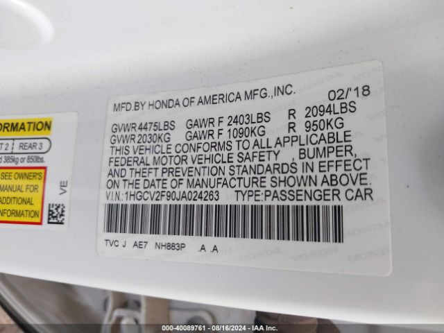 1HGCV2F90JA024263 Honda Accord Touring 2.0t