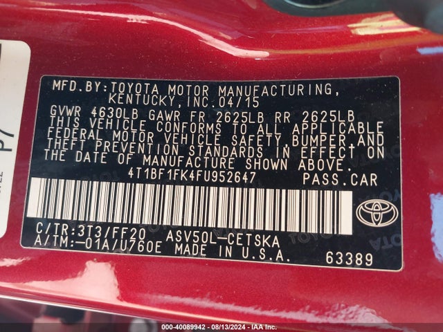 Toyota CAMRY SE 2015 4T1BF1FK4FU952647 Image 9