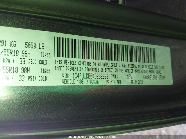 1C4PJLDB0KD232988 Jeep Cherokee Limited Fwd