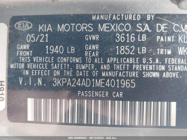 3KPA24AD1ME401965 KIA RIO S