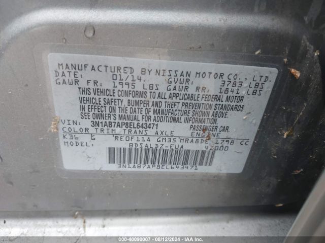 3N1AB7AP8EL643471 Nissan Sentra Fe+ S/fe+ Sv/s/sl/sr/sv