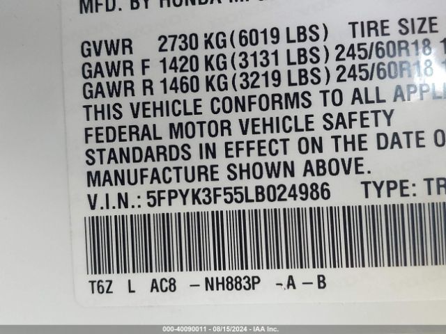 5FPYK3F55LB024986 Honda Ridgeline Awd Rtl