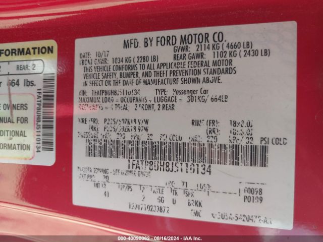 1FATP8UH8J5110134 Ford Mustang Ecoboost Premium