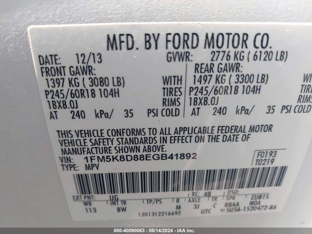 Ford EXPLORER XLT 2014 1FM5K8D88EGB41892 Image 9
