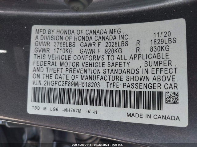 Honda Civic Sport 2021 2HGFC2F89MH518203 Image 9