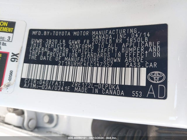 Toyota COROLLA L 2014 2T1BURHE4EC147257 Image 9