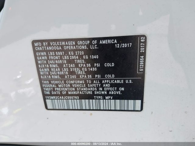 1V2MR2CA8JC550763 Volkswagen Atlas 3.6l V6 Sel