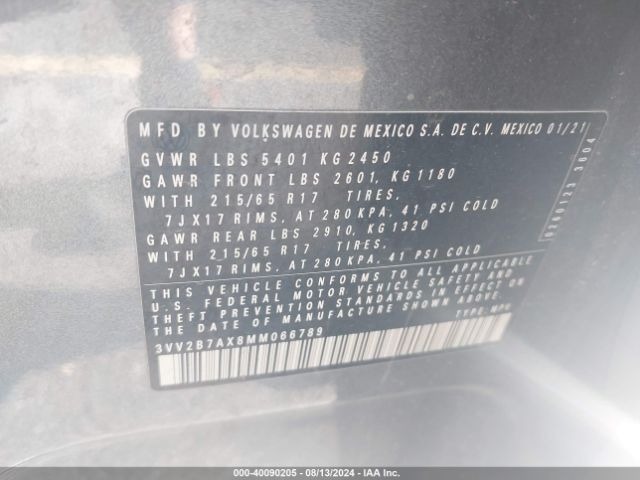 3VV2B7AX8MM066789 Volkswagen Tiguan 2.0t Se/2.0t Se R-line Black/2.0t Sel