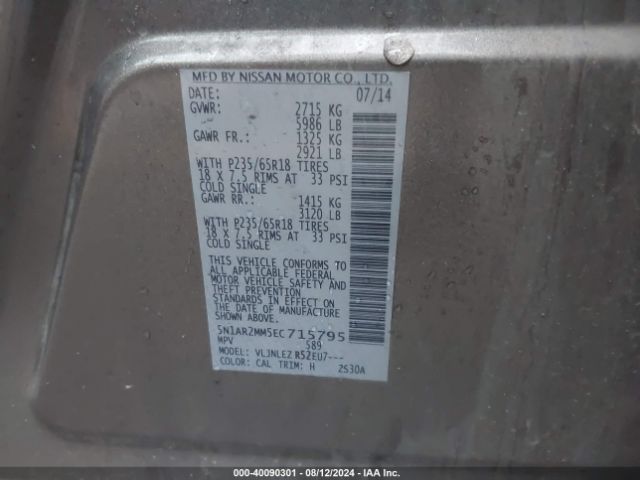 5N1AR2MM5EC715795 Nissan Pathfinder Sv