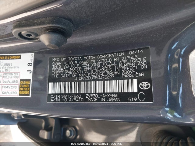 JTDKN3DU9E0373697 Toyota Prius Three