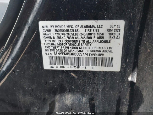 Honda Pilot Ex-l 2016 5FNYF6H53GB005774 Image 9