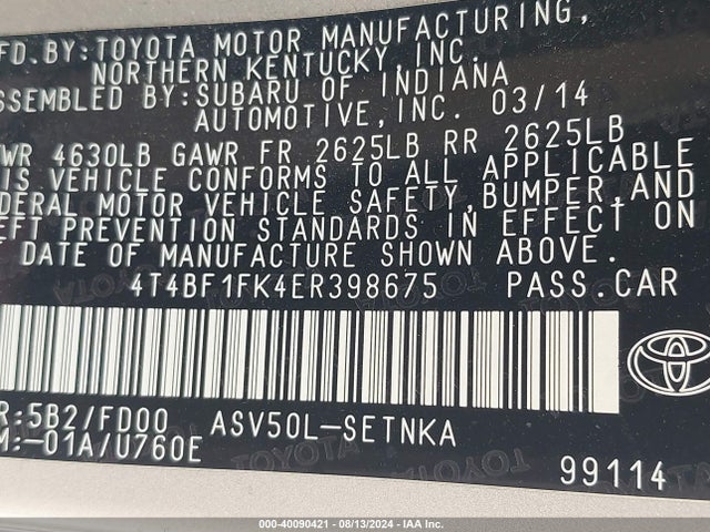 Toyota CAMRY LE 2014 4T4BF1FK4ER398675 Image 9