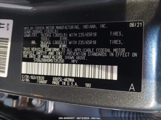 Toyota Highlander Xle 2021 5TDGZRBH0MS135350 Image 9