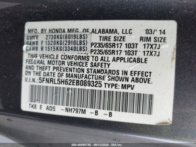 5FNRL5H62EB089325 Honda Odyssey Ex-l