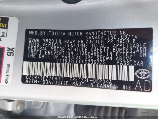2T1BURHE0FC236275 Toyota COROLLA L