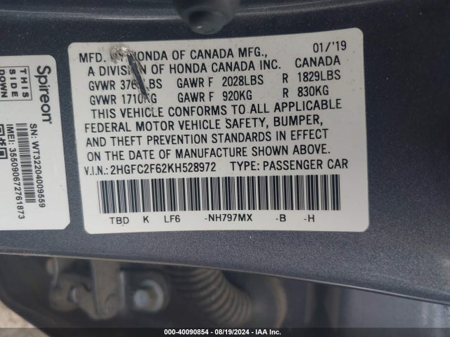 Honda Civic Lx 2019 2HGFC2F62KH528972 Image 9