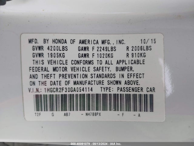 Honda ACCORD LX 2016 1HGCR2F30GA054114 Image 9