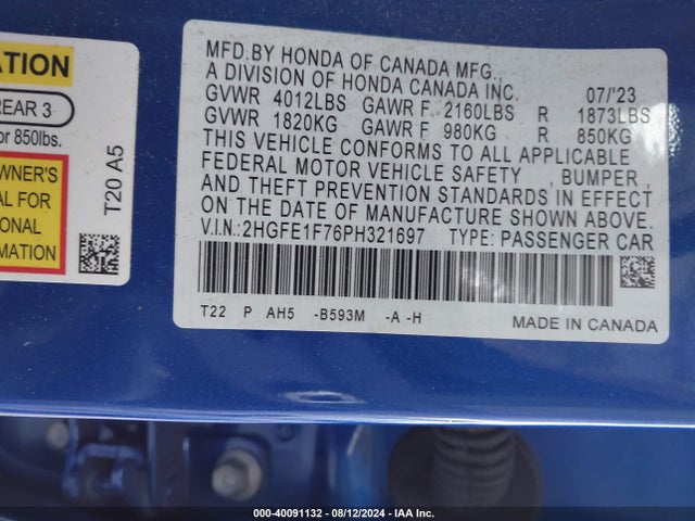 Honda Civic Ex /ex W/o Bsi 2023 2HGFE1F76PH321697 Image 9