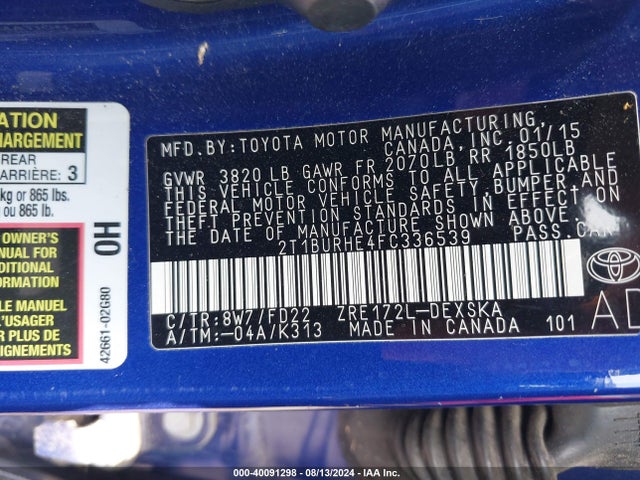 Toyota Corolla S Plus 2015 2T1BURHE4FC336539 Image 9