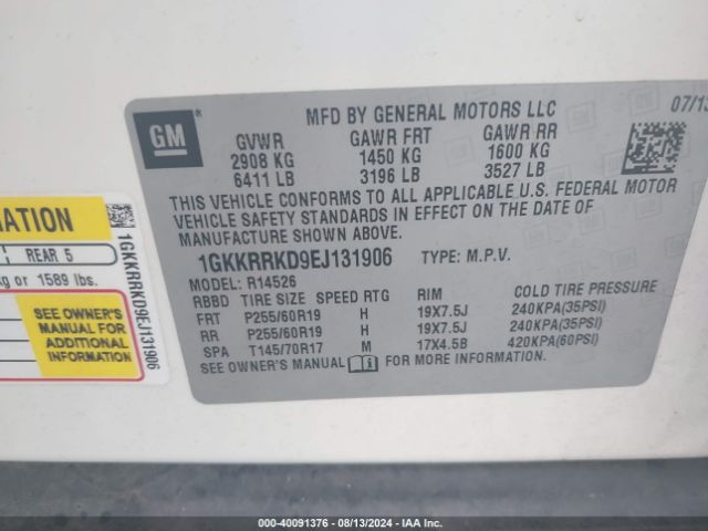 1GKKRRKD9EJ131906 GMC Acadia Slt-1