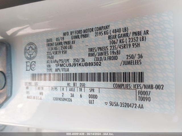 Ford Escape Titanium 2019 1FMCU9J91KUB89302 Image 9