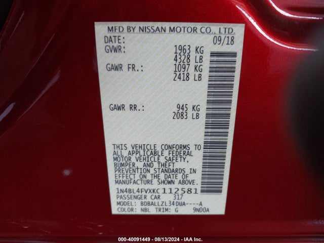 Nissan Altima 2.5 Platinum 2019 1N4BL4FVXKC112581 Image 9