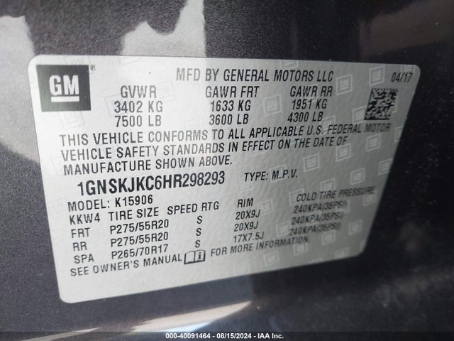 Chevrolet Suburban Premier 2017 1GNSKJKC6HR298293 Image 9