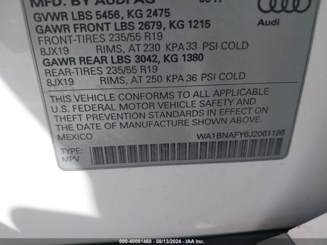 WA1BNAFY6J2061186 Audi Q5 2.0t Premium/2.0t Tech Premium