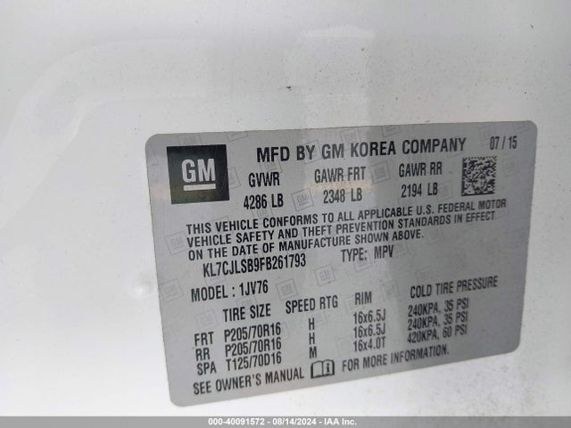 Chevrolet Trax Lt 2015 KL7CJLSB9FB261793 Image 9